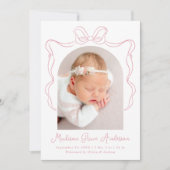 Elegante roze  boog foto geboorte aankondiging (Voorkant)