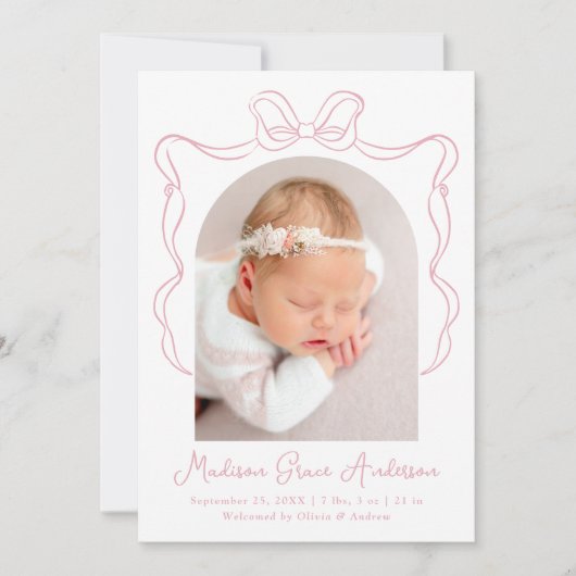 Elegante roze boog foto geboorte aankondiging (Voorkant)