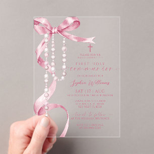 Elegante Roze Boog & Rozenkrans Eerste Heilige Com Acryl Uitnodigingen