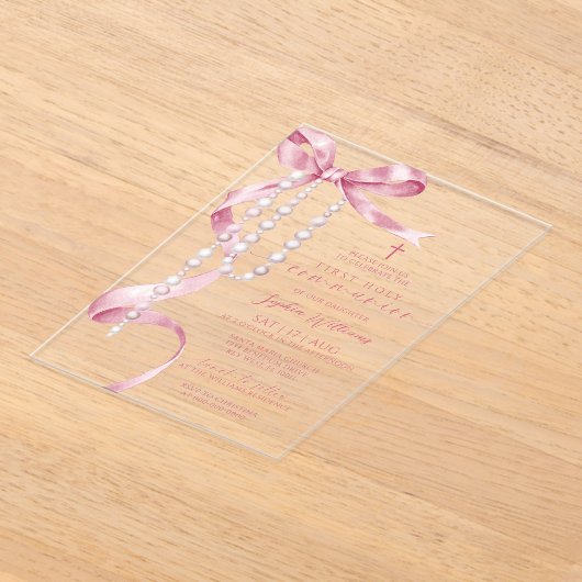 Elegante Roze Boog & Rozenkrans Eerste Heilige Com Acryl Uitnodigingen (Laagn)
