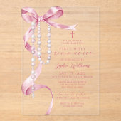 Elegante Roze Boog & Rozenkrans Eerste Heilige Com Acryl Uitnodigingen (Voorkant)