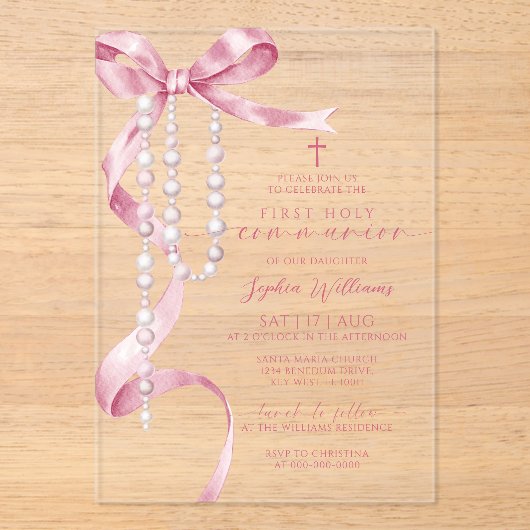 Elegante Roze Boog & Rozenkrans Eerste Heilige Com Acryl Uitnodigingen (Voorkant)