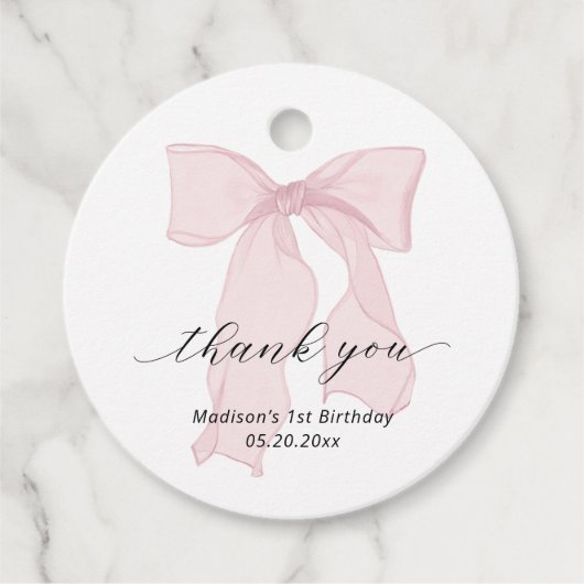 Elegante roze boog verjaardag bedankjes labels (Voorkant)