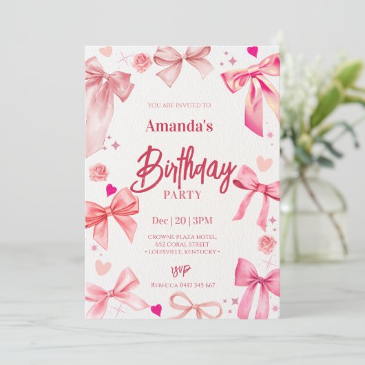 Elegante roze boog verjaardagsfeestje uitnodiging (Staand voorkant)