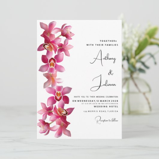 Elegante roze bordeaux orchideeën bloemen Bruiloft Kaart (Staand voorkant)