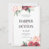 Elegante roze bordeaux waterverf bloemenbruiloft kaart (Voorkant)