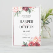 Elegante roze bordeaux waterverf bloemenbruiloft kaart (Staand voorkant)