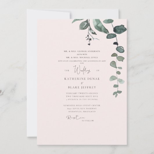 Elegante Roze Botanische Bruiloft Kaart (Voorkant)
