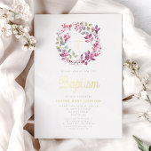 Elegante roze botanische religieuze meisjesdoop folie uitnodiging