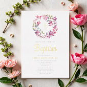 Elegante roze botanische religieuze meisjesdoop folie uitnodiging