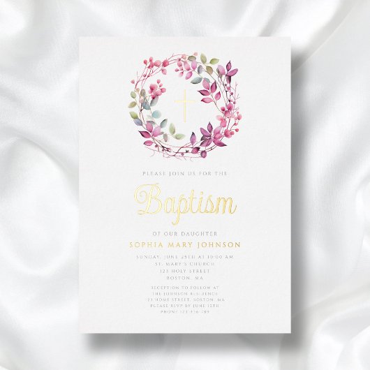 Elegante roze botanische religieuze meisjesdoop folie uitnodiging