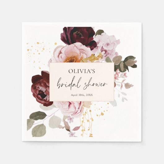 Elegante Roze Bourgogne Bloemige Bruiloft Feest Servet (Voorkant)
