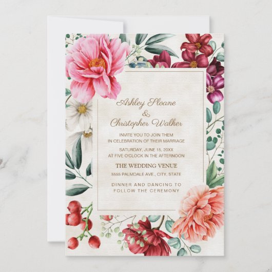 Elegante Roze Bourgondische Coral Floral Wedding Kaart (Voorkant)