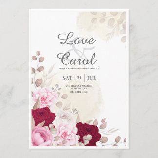 Elegante Roze & Bourgondische Roos Huwelijksuitnod Kaart