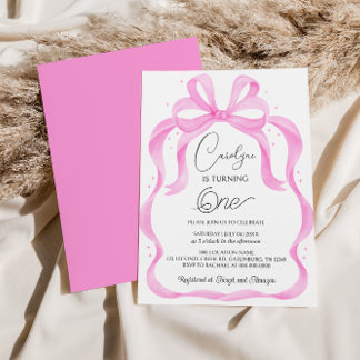Elegante Roze Bow 1e verjaardag Uitnodiging