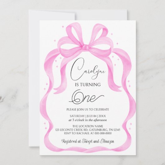 Elegante Roze Bow 1e verjaardag Uitnodiging (Voorkant)
