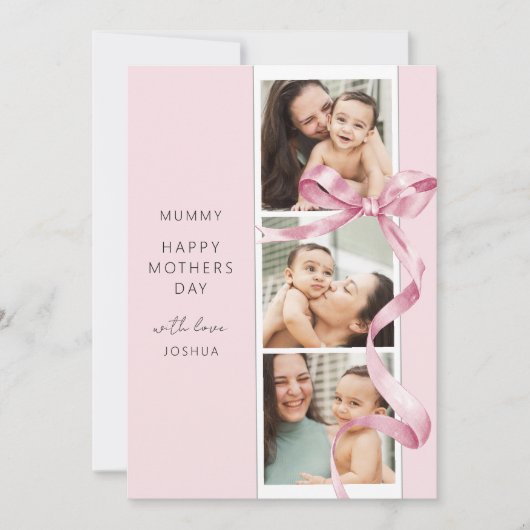 Elegante Roze Bow 3 Foto Moederdag Kaart (Voorkant)