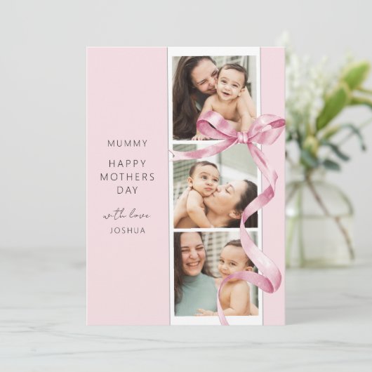 Elegante Roze Bow 3 Foto Moederdag Kaart (Staand voorkant)