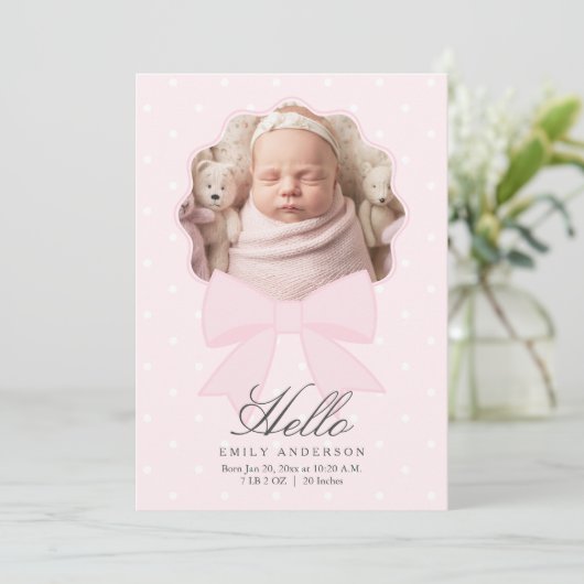 Elegante Roze Bow Baby Meisje Fotocollage Geboorte Aankondiging (Staand voorkant)