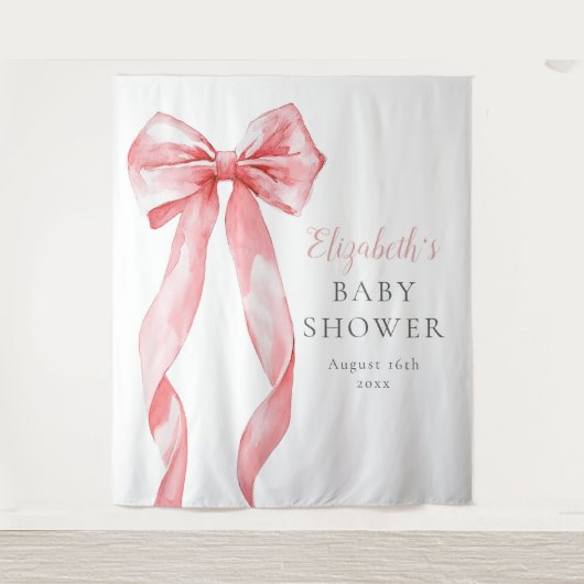 Elegante Roze Bow Baby shower Foto Achtergrond Wandkleed (Voorkant)