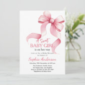 Elegante Roze Bow Baby shower Uitnodiging voor Mei (Staand voorkant)