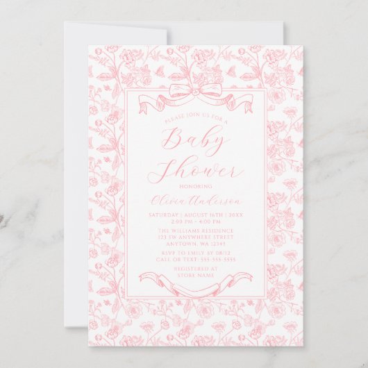 Elegante Roze Bow  Bloemen Meisje Baby shower Kaart (Voorkant)