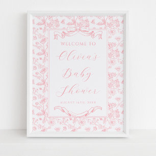Elegante Roze Bow  Bloemen Meisje Baby shower Poster