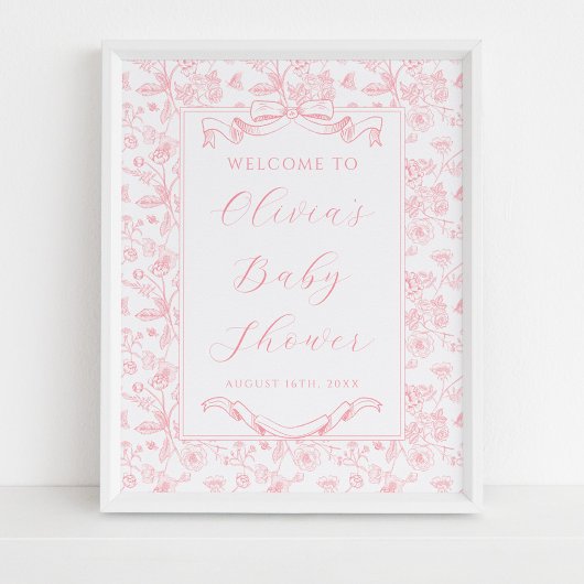 Elegante Roze Bow  Bloemen Meisje Baby shower Poster