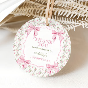 Elegante Roze Bow Coquette 1e Verjaardag Bedankt Bedankjes Labels