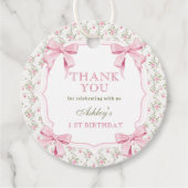 Elegante Roze Bow Coquette 1e Verjaardag Bedankt Bedankjes Labels (Voorkant)