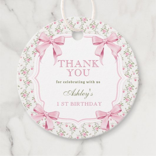 Elegante Roze Bow Coquette 1e Verjaardag Bedankt Bedankjes Labels (Voorkant)