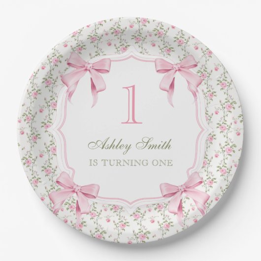 Elegante Roze Bow Coquette 1e verjaardag Papieren Bordje (Voorkant)