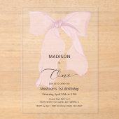 Elegante Roze Bow Coquette Eerste Verjaardag Acryl Uitnodigingen (Voorkant)