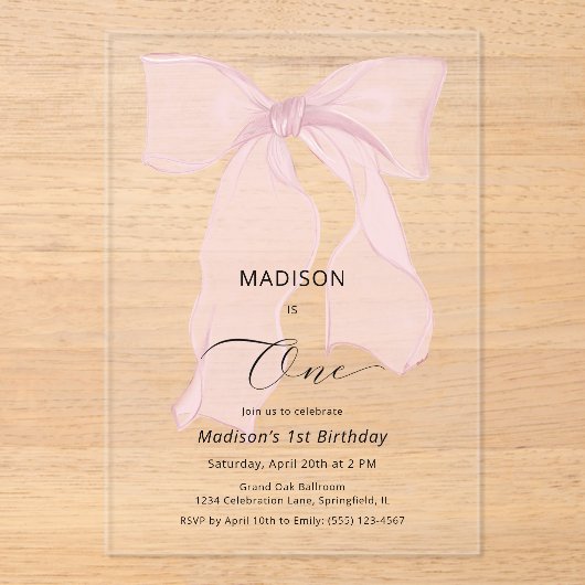 Elegante Roze Bow Coquette Eerste Verjaardag Acryl Uitnodigingen (Voorkant)