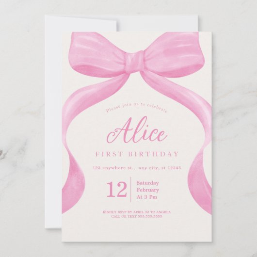 Elegante Roze Bow Coquette eerste verjaardag meisj Kaart (Voorkant)