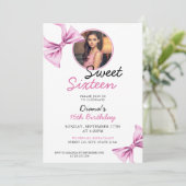 Elegante Roze Bow Coquette Foto Sweet 16 Verjaarda Kaart (Staand voorkant)