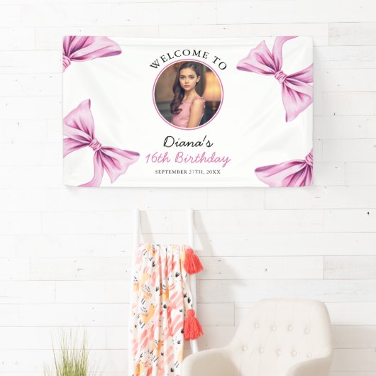 Elegante Roze Bow Coquette Foto Sweet 16 Verjaarda Spandoek (Insitu)