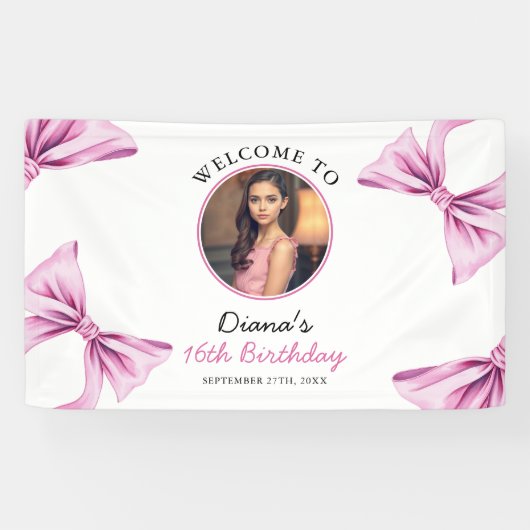 Elegante Roze Bow Coquette Foto Sweet 16 Verjaarda Spandoek (Horizontaal)