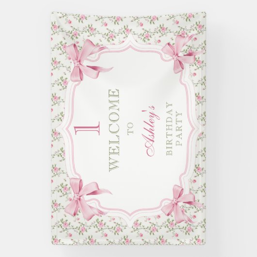 Elegante Roze Bow Coquette Meisje 1e verjaardag Spandoek (Verticaal)