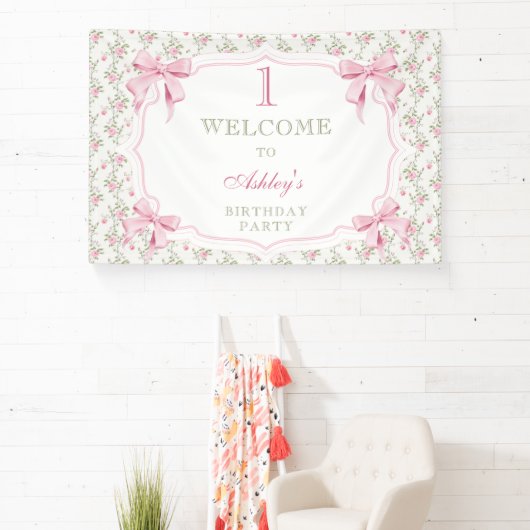 Elegante Roze Bow Coquette Meisje 1e verjaardag Spandoek (Insitu)