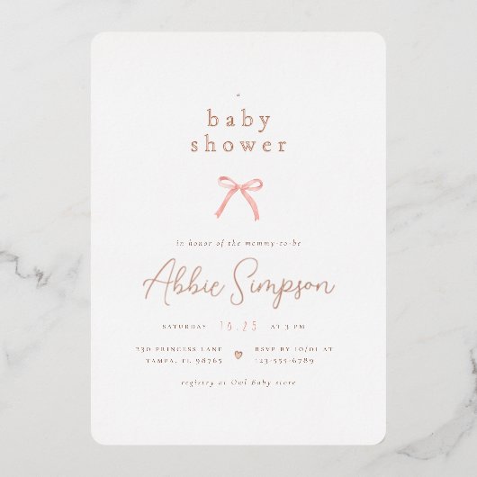 Elegante Roze Bow Coquette Meisje Baby shower Folie Uitnodiging (Voorkant)