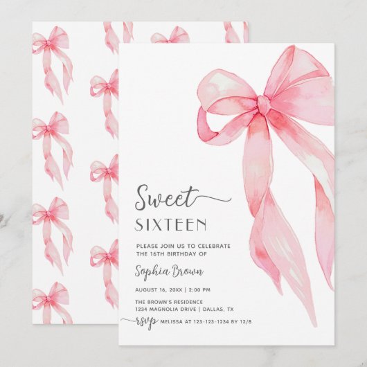 Elegante Roze Bow Coquette Sweet Sixteen Birthday Kaart (Voorkant / Achterkant)