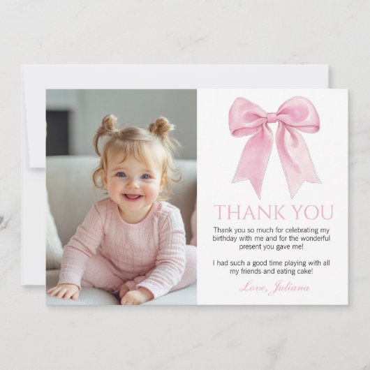 Elegante Roze Bow Coquette Verjaardagsfoto Bedankkaart (Voorkant)