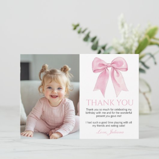 Elegante Roze Bow Coquette Verjaardagsfoto Bedankkaart (Staand voorkant)