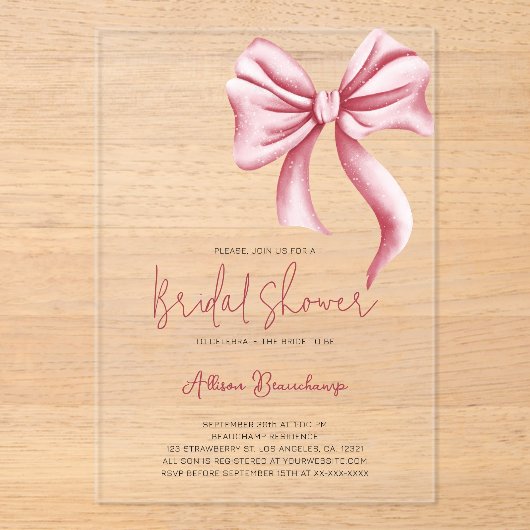Elegante Roze Bow Coquette Vrijgezellenfeest Party Acryl Uitnodigingen