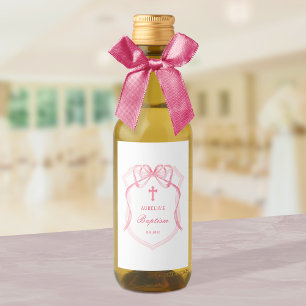 Elegante Roze Bow Crest Dopen Wijn Label Etiket
