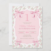 Elegante Roze Bow Floral Coquette 1e verjaardag Kaart (Voorkant)