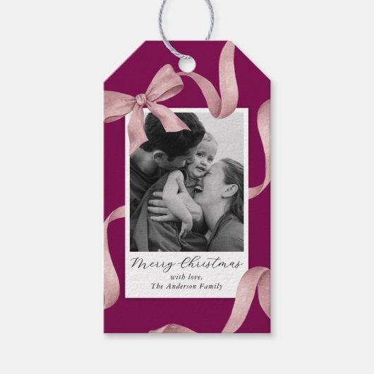 Elegante Roze Bow Fotovakantie Cadeaulabel (Voorkant)