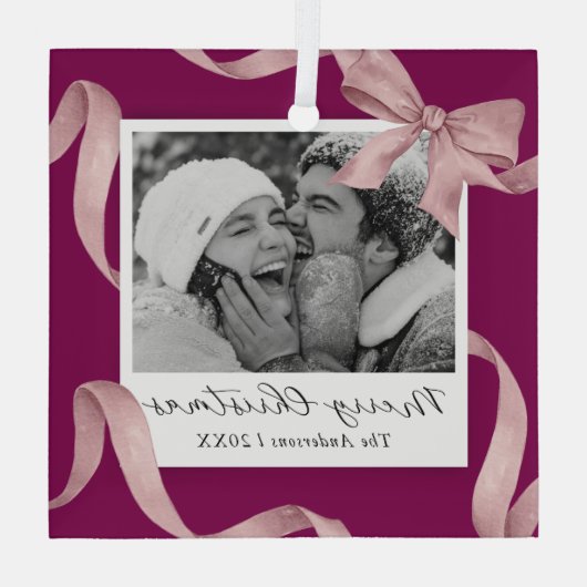 Elegante Roze Bow Fotovakantie Glas Ornament (Achterkant)