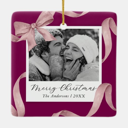 Elegante Roze Bow Fotovakantie Keramisch Ornament (Achterkant)